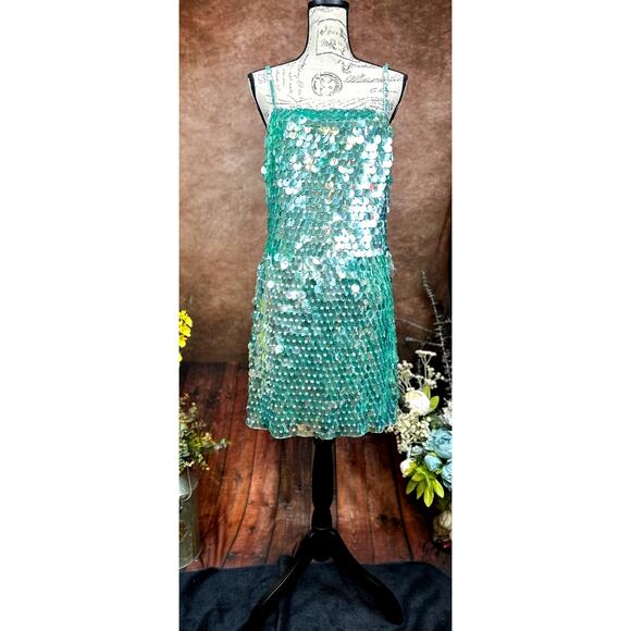 Mac Duggal Slim Strap Paillette Sequin Mini Dress Mint M - Picture 6 of 15